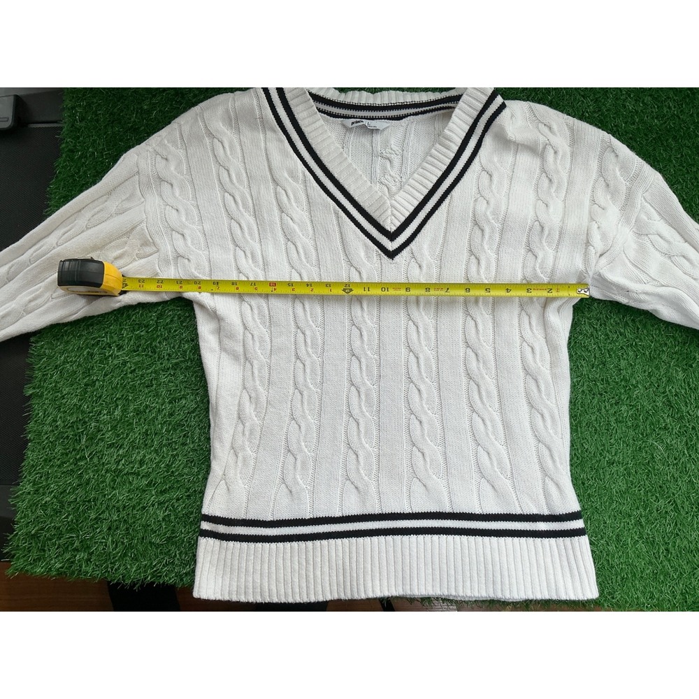 Prince Womens Cable Knit V-Neck Sweater White Preppy Tennis Varsity Stripe Large